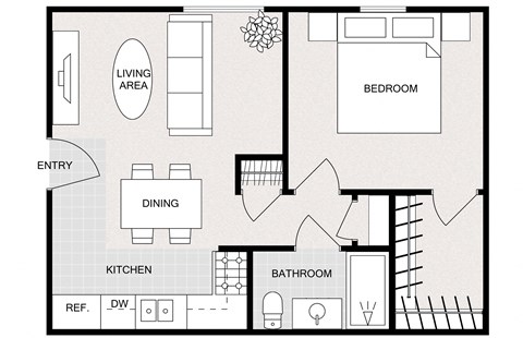 Floor plan for 1 bed, 1 bath, 600 sqft